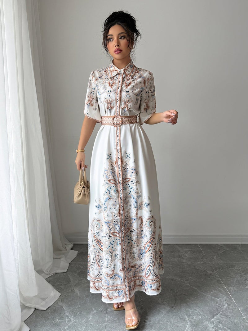 OUTZIDR White Button Down Printed Shirt Dress - Image 4
